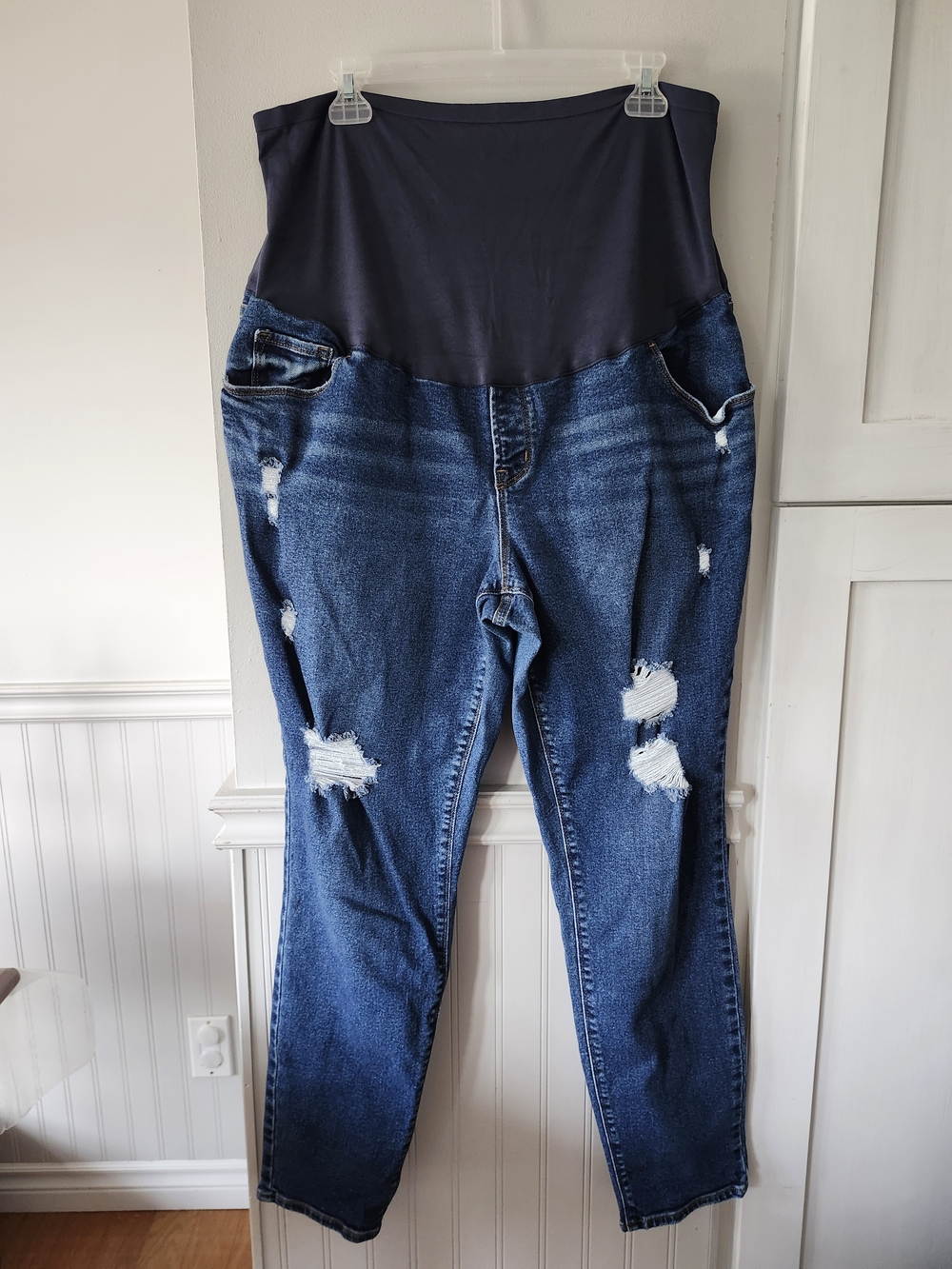 Old Navy Dark Blue Distressed Maternity Boyfriend Jeans with Black Panel